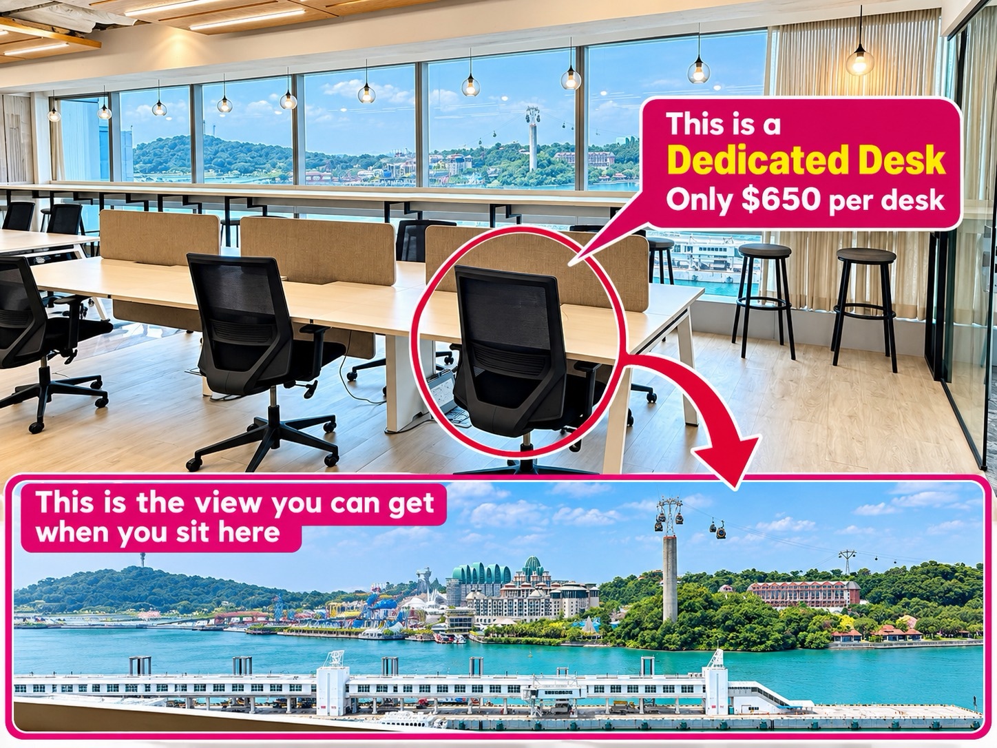 Window-side dedicated desks overlooking Sentosa at HarbourFront Tower 2