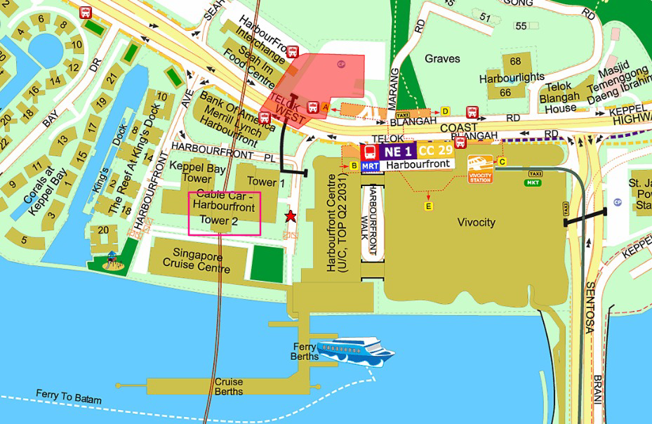 Map marking HarbourFront Tower 2 beside HarbourFront MRT, VivoCity and the waterfront