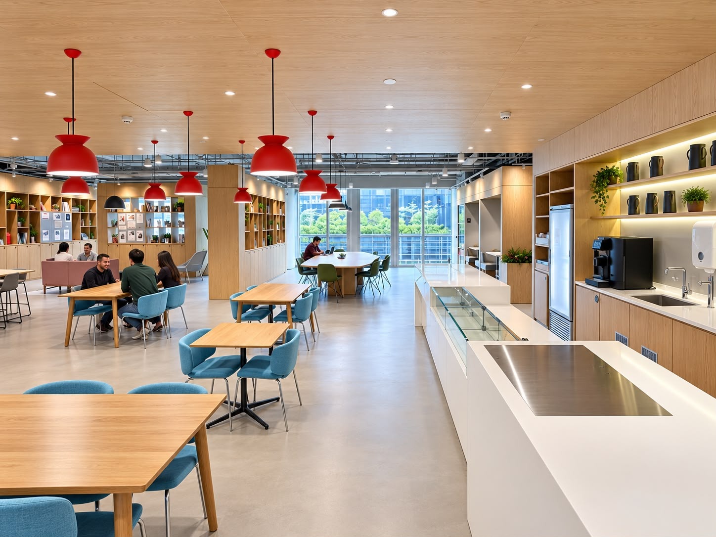 Tables and chairs beside the pantry in the Level 4 common area at Spaces, Paya Lebar Quarter 1