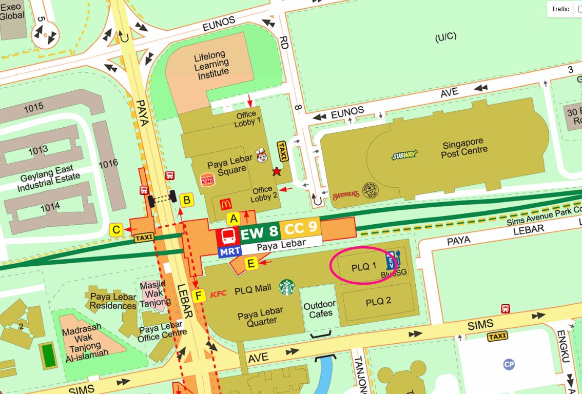Map marking PLQ 1 east of Paya Lebar MRT and beside PLQ Mall